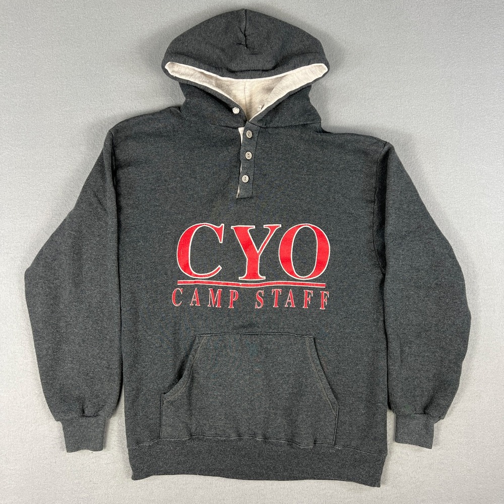VTG‎ CYO Camp Staff Henley Hoodie FIts Small 1990s Velva Sheen Made in USA